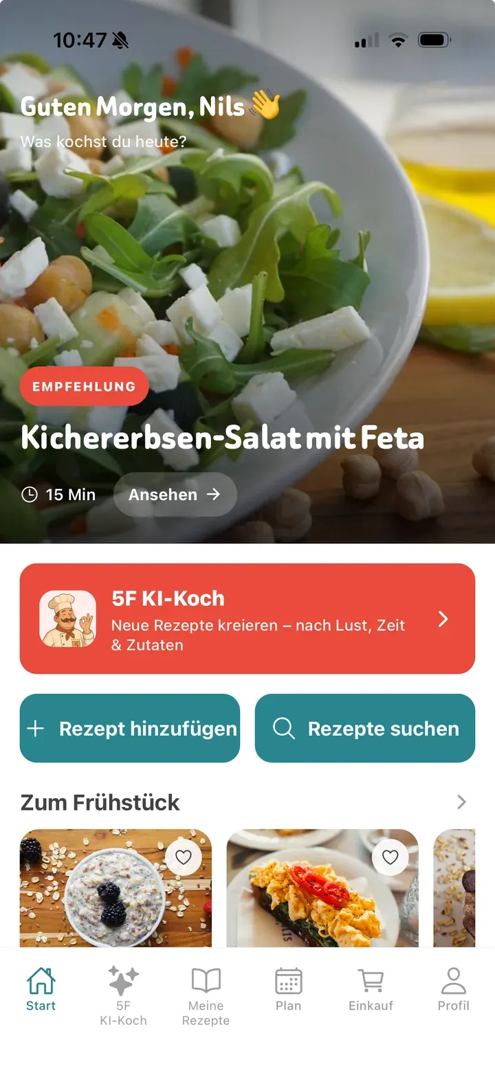 Startbildschirm der 5 Flavors App mit Rezept-Empfehlung