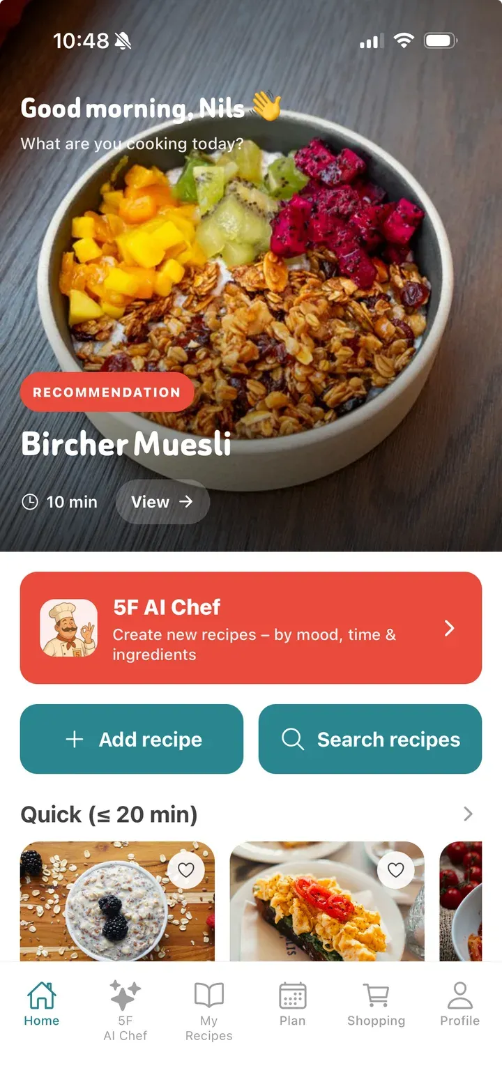 5 Flavors app home screen with recipe recommendation