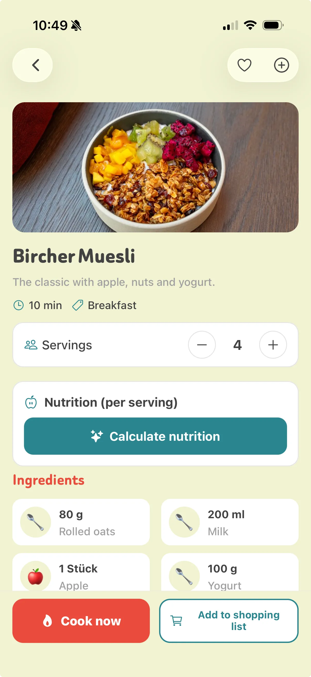 Recipe view with AI nutrition calculation